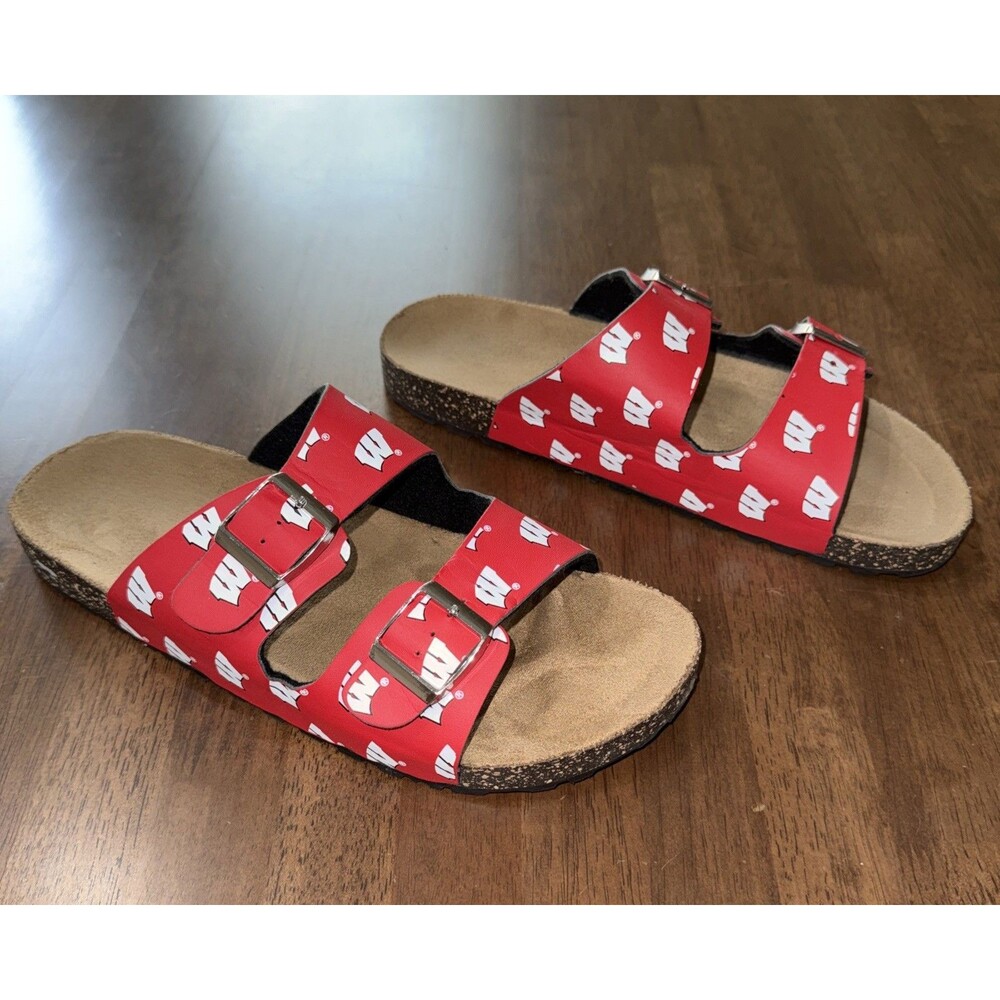 Wisconsin Badgers Red Double Strap Slide Sandals Buckle Logo Fan Womens XL 11-12